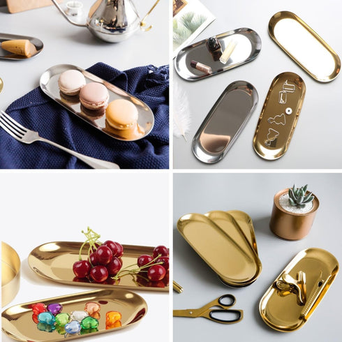 Stainless Steel Decorative Tray, Set of 2, 9 Inch Long, Jewelry Dish, Small Storage Tray, Gold