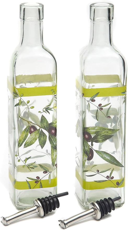CEDAR HOME Olive Oil Bottle Set - Glass Dispenser Vinegar Cruet 17oz with Stainless Steel Pourer Spout, Green