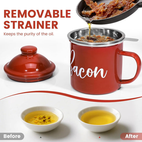 15oz Bacon Grease Saver with Strainer - Enamel Grease Container, Farmhouse Bacon Grease Keeper For Kitchen Fat Storage
