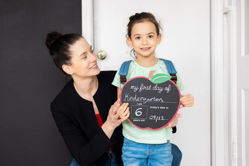 Pearhead First and Last Day of School Chalkboard, Reusable Double-Sided Fill-In Board with Yellow Chalk