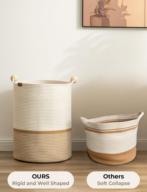 StorageWorks 72L Cotton Rope Laundry Basket with Wooden Beads Handles, Woven Storage for Clothes, White & Khaki