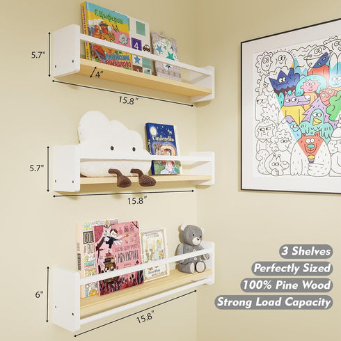 Set 3 15.8 Inches) MXCSE Nursery Floating Bookshelf for Kids, Wall Mounted Kids Book Shelf with Toy Storage, Pine Wood