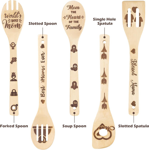 5Pcs Mother's Day Wooden Spoons Utensils Set, Non-Stick Cooking Utensils Carve Burned Bamboo Spoons Spatula Kitchen Cookware Gadget Decor Kit Mother's Day Mom Birthday Fun Gift Idea
