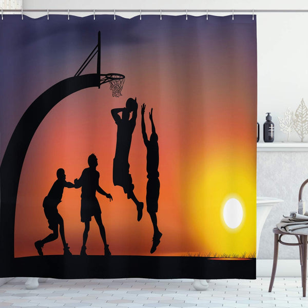 Ambesonne Teen Room Shower Curtain, Boys Playing Basketball at Sunset, 69" W x 70" L, Dark Coral Black Yellow