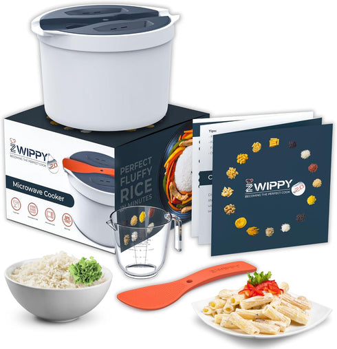 Microwave Rice Cooker Steamer and Pasta Cooker with Strainer - Mess-Free Design, Dishwasher Safe, Cooks 8 Cups