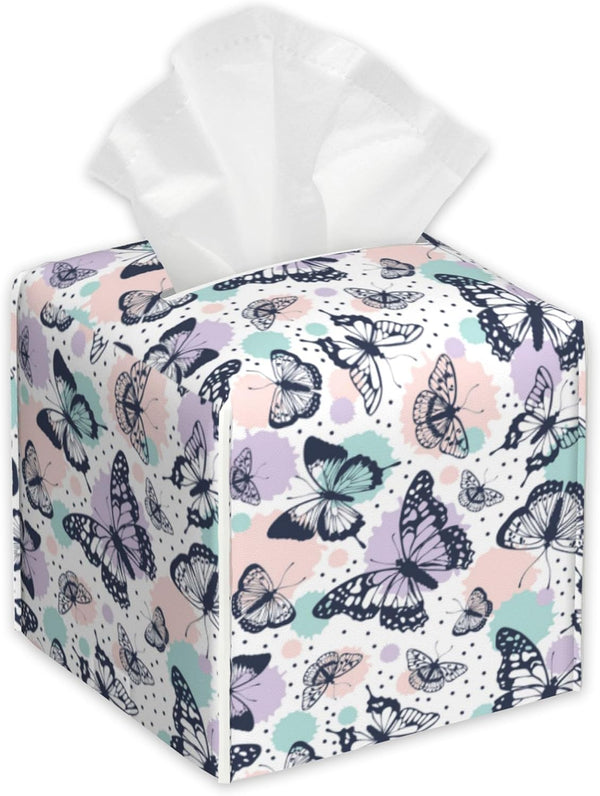 OHEGBXE Tropical Butterflies Tissue Box Holder,Colorful Splash Dots Cube Tissue Box Cover Holder,Leather