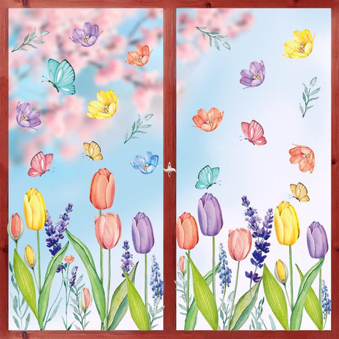 Horaldaily 67 PCS Spring Summer Window Cling Sticker, Tulip Butterfly Flower Window Decal for Home Party Supplies Shop Window Glass Display Decoration