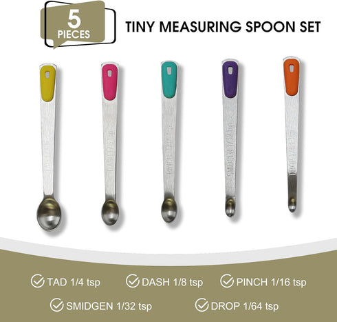 Measuring Spoons Set of 5, Tiny Stainless Steel Measuring Spoons with Silicone Handle, Small Measuring Spoon 1/64, 1/32, 1/16, 1/8, 1/4 tsp, Teaspoon for Dry or Liquid Ingredients
