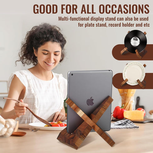 Cookbook Stand for Kitchen, Wooden Recipe Book Holder for Counter, Rustic Acacia Brown Stand