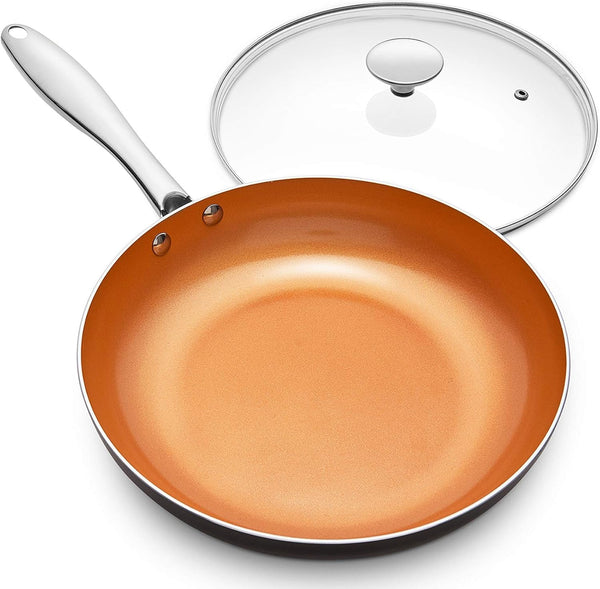 MICHELANGELO 10 Inch Copper Nonstick Frying Pan with Lid, Scratch Resistant Ceramic Coating