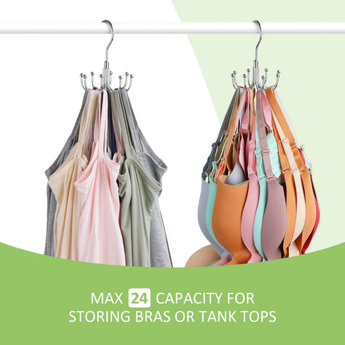 Bra Hanger for Closet, Rotatable Metal Tank Top Organizer with Max 24 Capacity for Sport Bra Storage (Silver, 1 Pack)