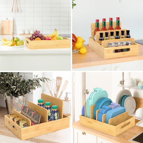 Retro Shaw Bamboo Food Container Lid Organizer with Adjustable Dividers for Cabinet, Lid Organizer for Plastic Lids