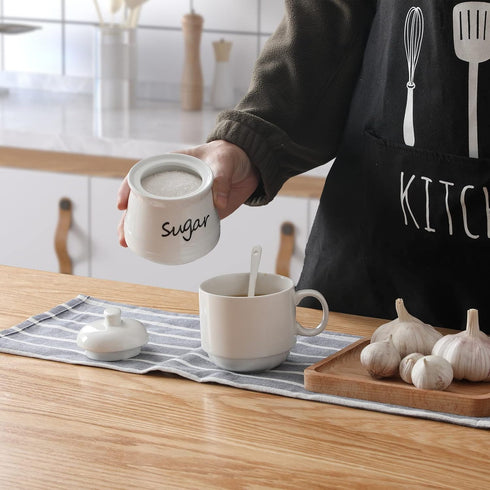 12oz ONTUBE Ceramic Sugar Bowl with Lid and Spoon (White)