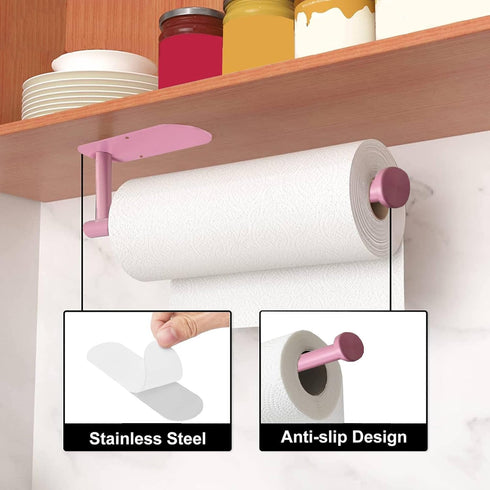 Pink Paper Towel Holder, Self Adhesive or Drilling Under Cabinet Paper Towel Rack, Wall Mounted (Pink)