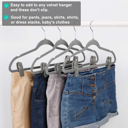Grey Velvet Clips for Velvet Hangers - 20 PCS Non Slip Clips for Slim Velvet Hangers, Clothes-pins for Grey Hangers