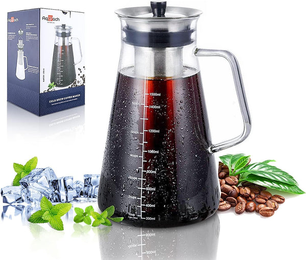Aquach Airtight Cold Brew Coffee Maker 51oz/1.5L, BPA-Free Borosilicate Glass Pitcher with Stainless Steel Filter