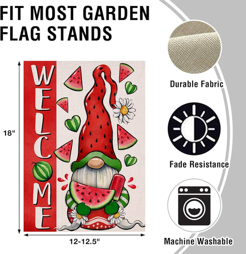 Welcome Summer Watermelon Gnome Small Decorative Garden Flag, Popsicle Daisy Lawn Decor, Seasonal Farmhouse Burlap