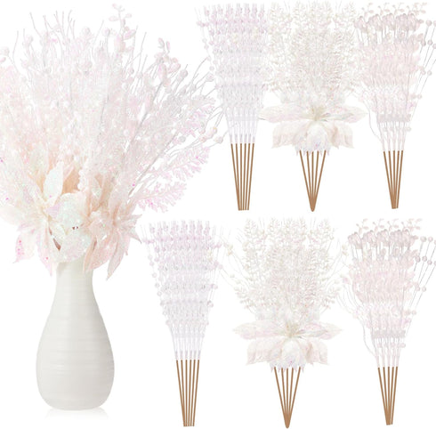 Suncalla 36 Pack 17'' Poinsettia Christmas Tree Picks Ornament Artificial Glitter Berry Stem Picks and Spray with Fake