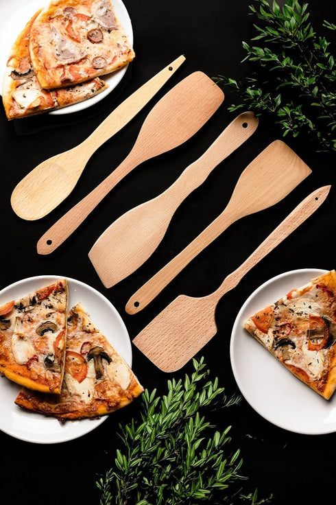 Nonstick Wooden Spoons for Cooking, 5 European Premium Spoons Set, 100% Healthy and Natural Wooden Utensils