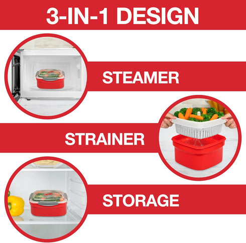 Microwave Cookware Steamer, 3 Piece Microwave Cooker with Food Container, Removable Strainer, BPA Free, 1.3 Liters