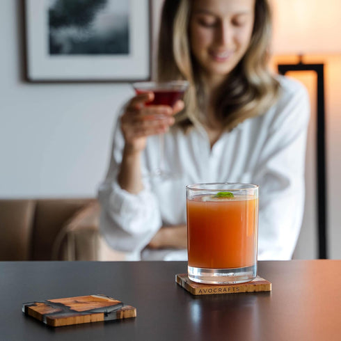 Wooden Coasters Set - Modern Coasters with Holder, Made of Cedar Wood