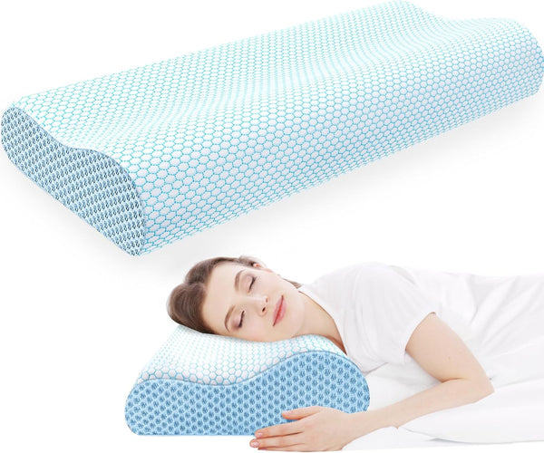 CloudBliss Memory Foam Pillow, Ergonomic Neck Contour Cervical Pillow for Neck and Shoulder Pain Relief, King Blue