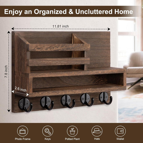 Key and Mail Holder Wall Mount, Key Hanger with Long Storage Box and 5 Hooks for Home Decor Organizer