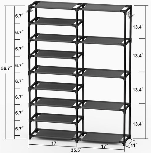 CSXGBAB 24-35 Tall Garage Shoe Rack Large Capacity,Two Rows Versatile Hooks Storage Boot Shelf Black Pairs
