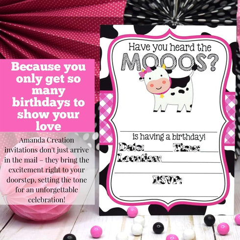 Heard the Moos Pink Cow-Themed Birthday Party Invitations for Kids, 20 Fill In Cards with Envelopes by AmandaCreation