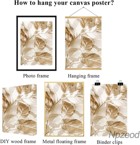 Abstract Golden White Flower Leaves Wall Art Posters, Modern Plant Landscape Canvas Prints for Living Room Decor