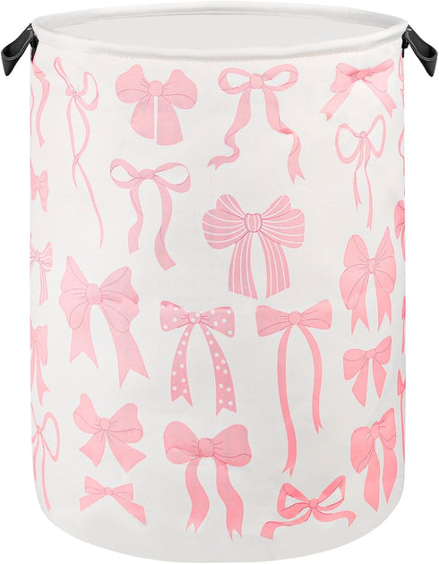 SEASINK Pink Laundry Basket Bow Decor for Girls Room Cute Teens Nursery Hamper