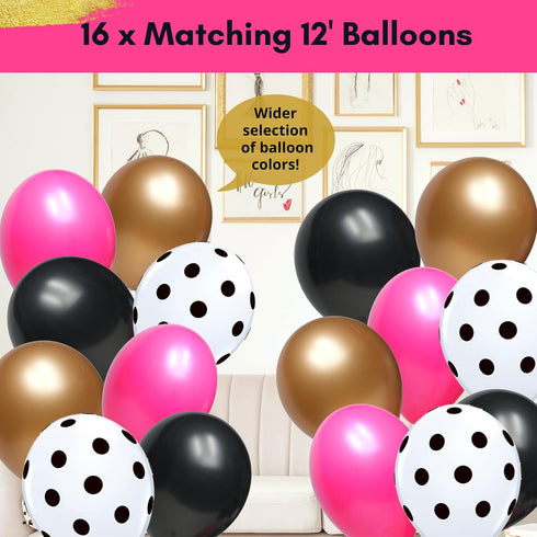 Hot Pink and Black Birthday Decorations, Happy Birthday Banner Garland, Paper Decor, Balloons, Cake Topper, Sash