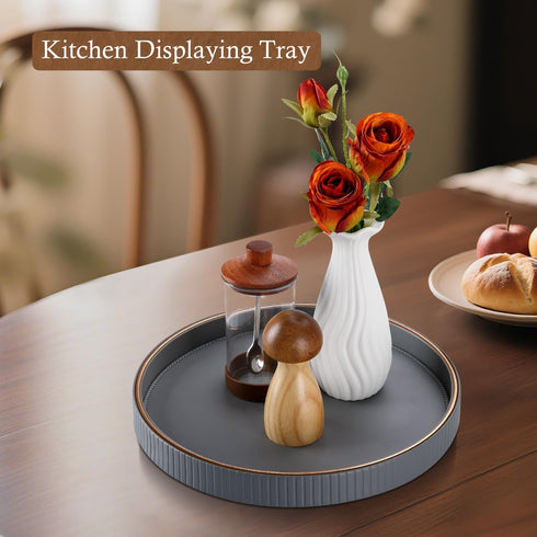 12" GORESE Round Coffee Table Tray for Home Decor, PU Leather Decorative Serving Tray for Home & Entryway Tables