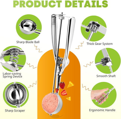 Ice Cream Scoop Set, 3 Pcs Stainless Steel Cookie Scoops with Trigger Release for Baking and Melon Baller.