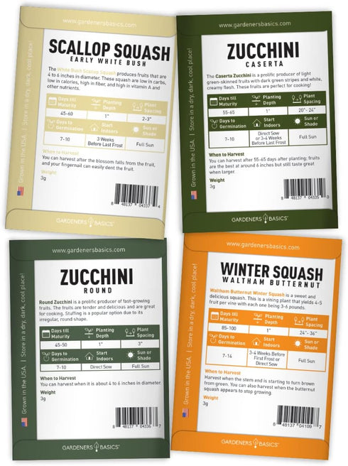 8 Packets Gardeners Basics, Squash Seeds for Planting Individual - Zucchini, Delicata, Butternut, Spaghetti, Scallop