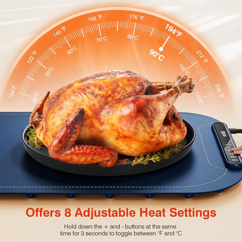 99H 8 Settings, Warming Mat for Food, Voriah Electric Warming Tray with Timer & Temperature Foldable Food Warmer