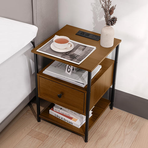 Our Modern Space Wooden Nightstand with Charging Station USB Port and Single Drawer | Bedside Table End Cabinet