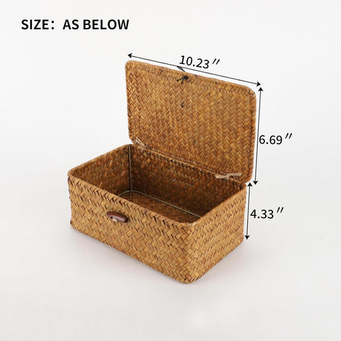 YRHOME Seagrass Rattan Basket Storage with Lid, Natural Hand-woven Rectangular Household Basket Bins for Organizer Boxes Shelf Desk (Original 10.2’’D X 6.7’’W X 4.3’’H) by YRLSOTGE
