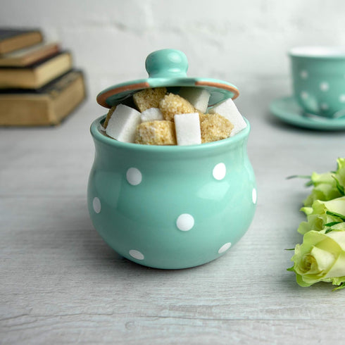 City to Cottage Ceramic Sugar Bowl with Lid - 10oz Sugar Container for Coffee Bar, Handcrafted Turquoise Blue