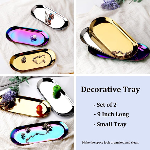 Stainless Steel Decorative Tray, Set of 2, 9 Inch Long, Jewelry Dish, Small Storage Tray, Gold