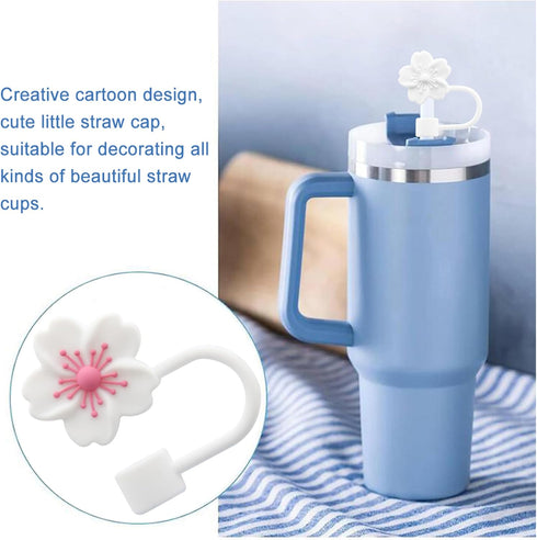 Silicone Straw Cover for 10mm Straws, Cute Cap for Stanley Cup Accessories, 3pcs Sakura Straw Topper for Reusable Straws