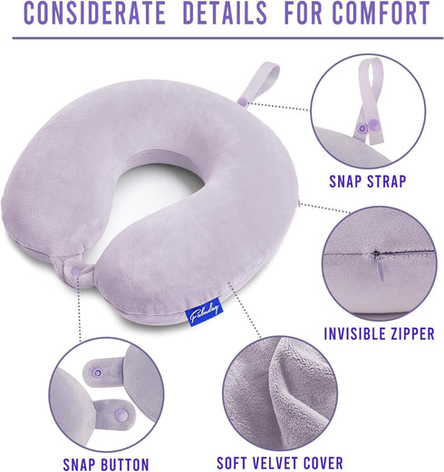 Travel Pillow Memory Foam for Airplanes - Neck Pillow for Traveling with Attachable Snap Strap (Gray Purple)