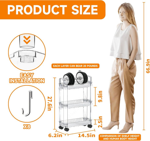 3 Tier Slim Rolling Storage Cart with Wheels for Small Space,Clear Modern Design Slim Utility Cart Suitable as Bathroom