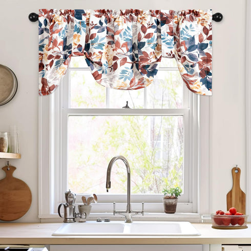 Leeva Colorful Leaves Printed Tie Up Window Valance, Linen Texture Chic Small Semi-Blackout Shade Valance for Living Room Kitchen Bathroom, 52 x 18 Inch, One Panel, Rod Pocket by Leeva