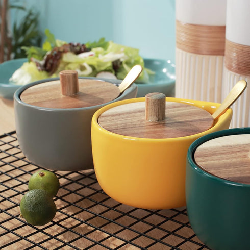 everous Salt Box base grey color Salt Cellar Elegant Design salt Boxes Big Capacity Wood lid grey Ceramic Base