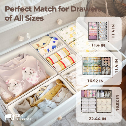 12Pack Closet Cotton Linen Drawer Organizer for Baby Clothes, Multi-Size Nursery Dresser Dividers for Clothes, Premium