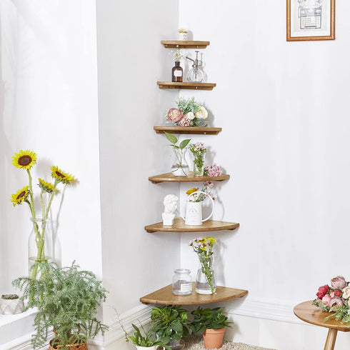 7inch Corner Shelf, Solid Oak Wood Floating Corner Shelf Wall Mount Round End Floating Speaker Shelves with Wire Hole