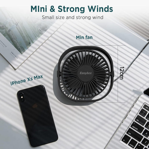 EasyAcc USB Desk Fan: 3 Speeds USB Powered Fan, 360° Rotatable Personal Table Fan for Home, Bedroom, Office (No Battery)