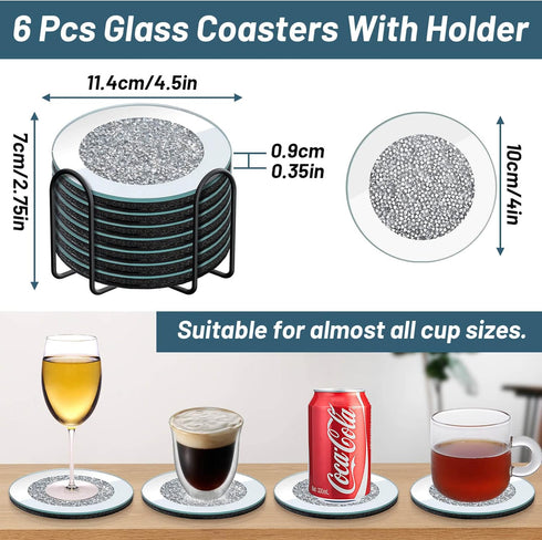 6 Set, 4 Inches Pcs Glass Mirrored Coasters for Drinks with Holder, Mckanti Crushed Diamond Coaster Silver Crystal Wine