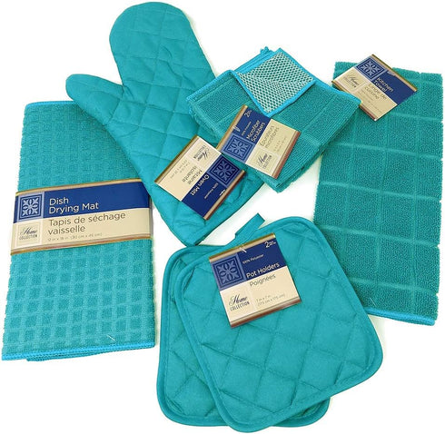 Kitchen Towel Set with 2 Quilted Pot Holders, Oven Mitt, Dish Towel, Dish Drying Mat, 2 Microfiber Scrubbing Cloths